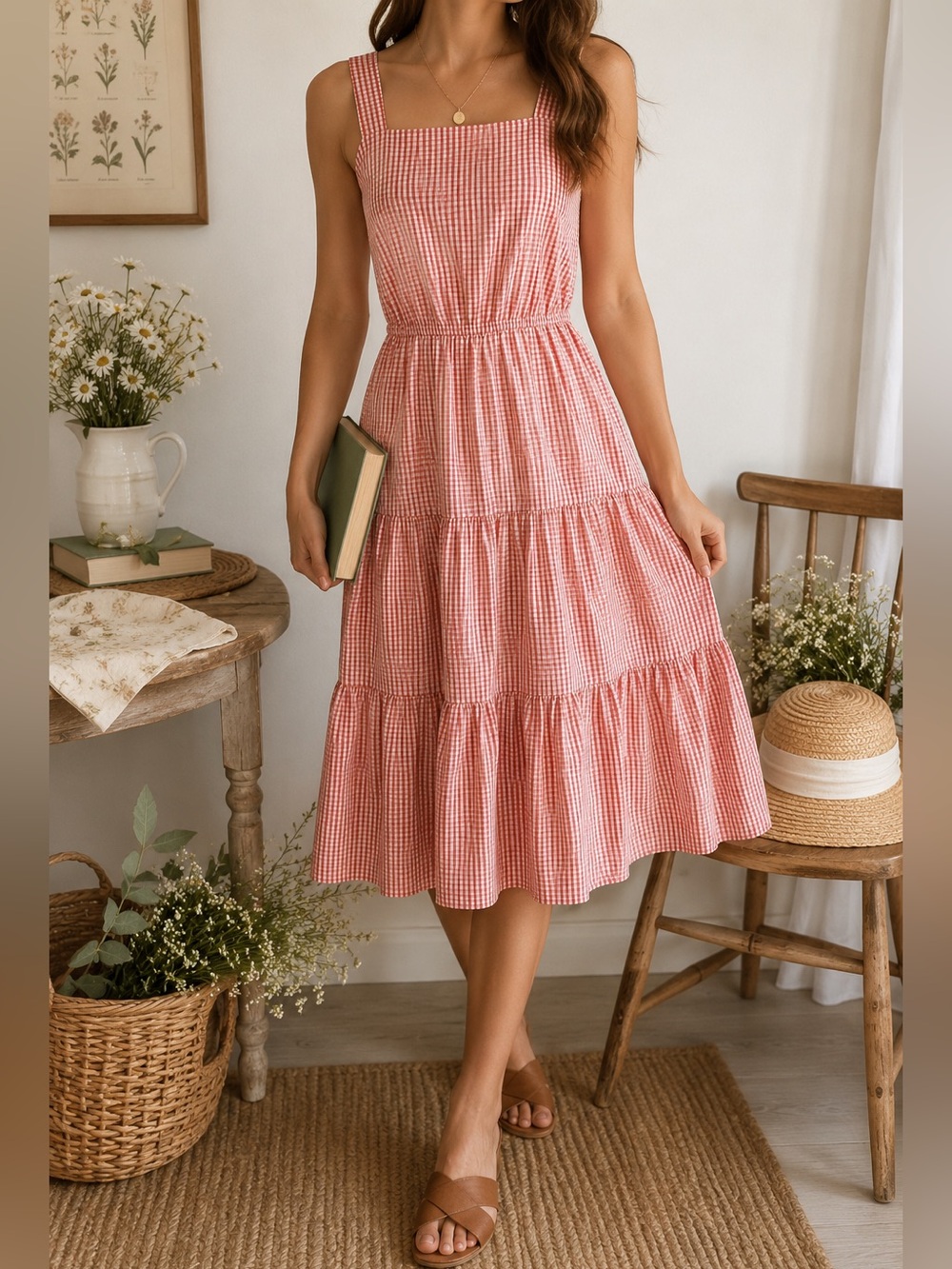 Reitmans White & Pink Gingham Tiered Cottagecore Sundress Midi Size M